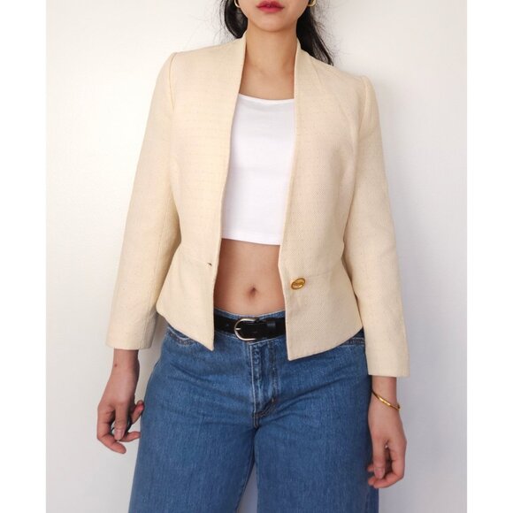 Vintage Givenchy collarless deep V neck blazer neutral cream, tailored jacket - Picture 10 of 16